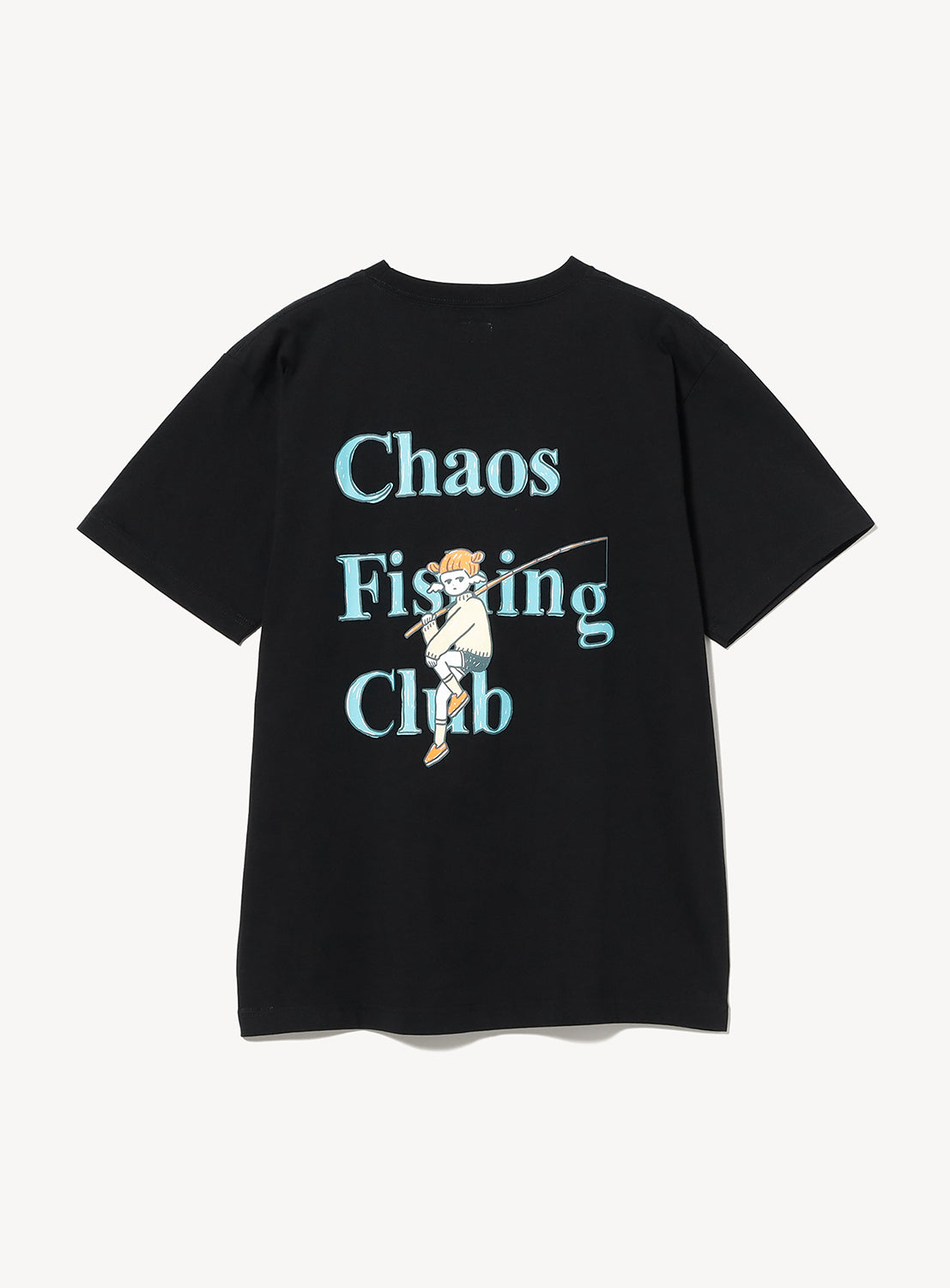 The Short Sleeve Onna T-Shirt by Chaos Fishing Club is a black, relaxed-fit cotton tee featuring blue "Chaos Fishing Club" lettering and a fishing-themed graphic with an illustration of a person fishing positioned between the words on the back.