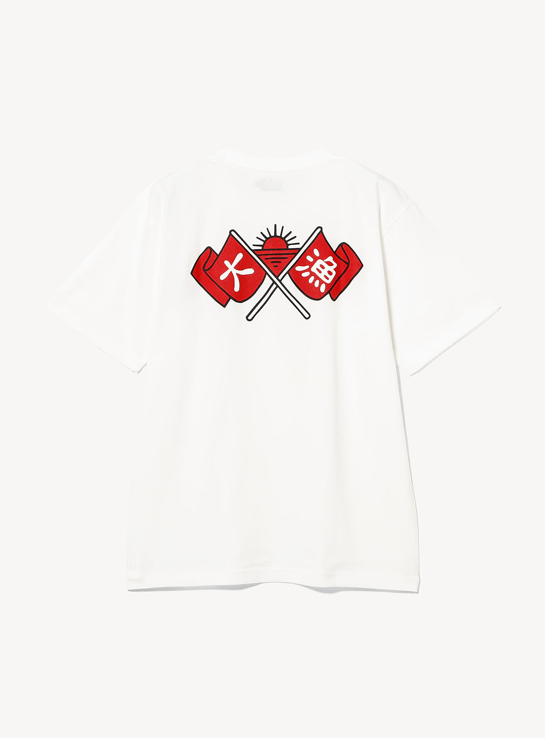 The Tairyo Short Sleeve T-Shirt by Chaos Fishing Club features a white fishing graphic with two crossed red flags on the back, bold white kanji, and a stylized rising sun between the flagpoles.