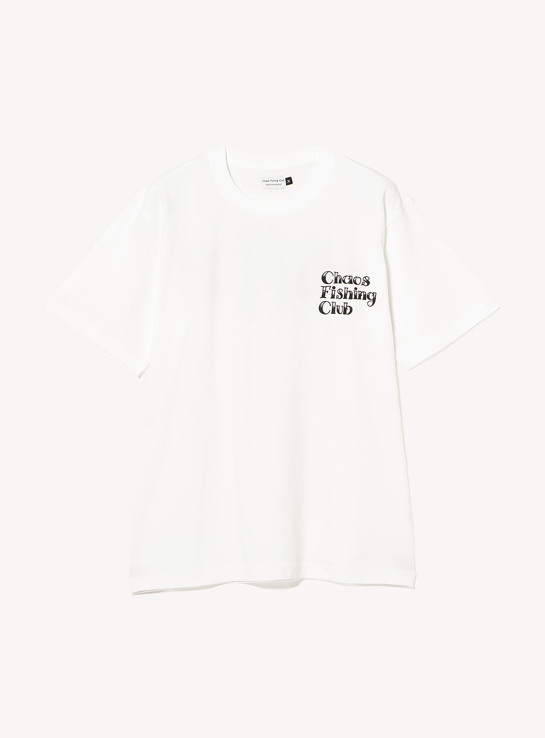 The Tairyo Short Sleeve T-Shirt by Chaos Fishing Club features a black three-tier logo graphic on the left chest, displayed on a plain white tee.