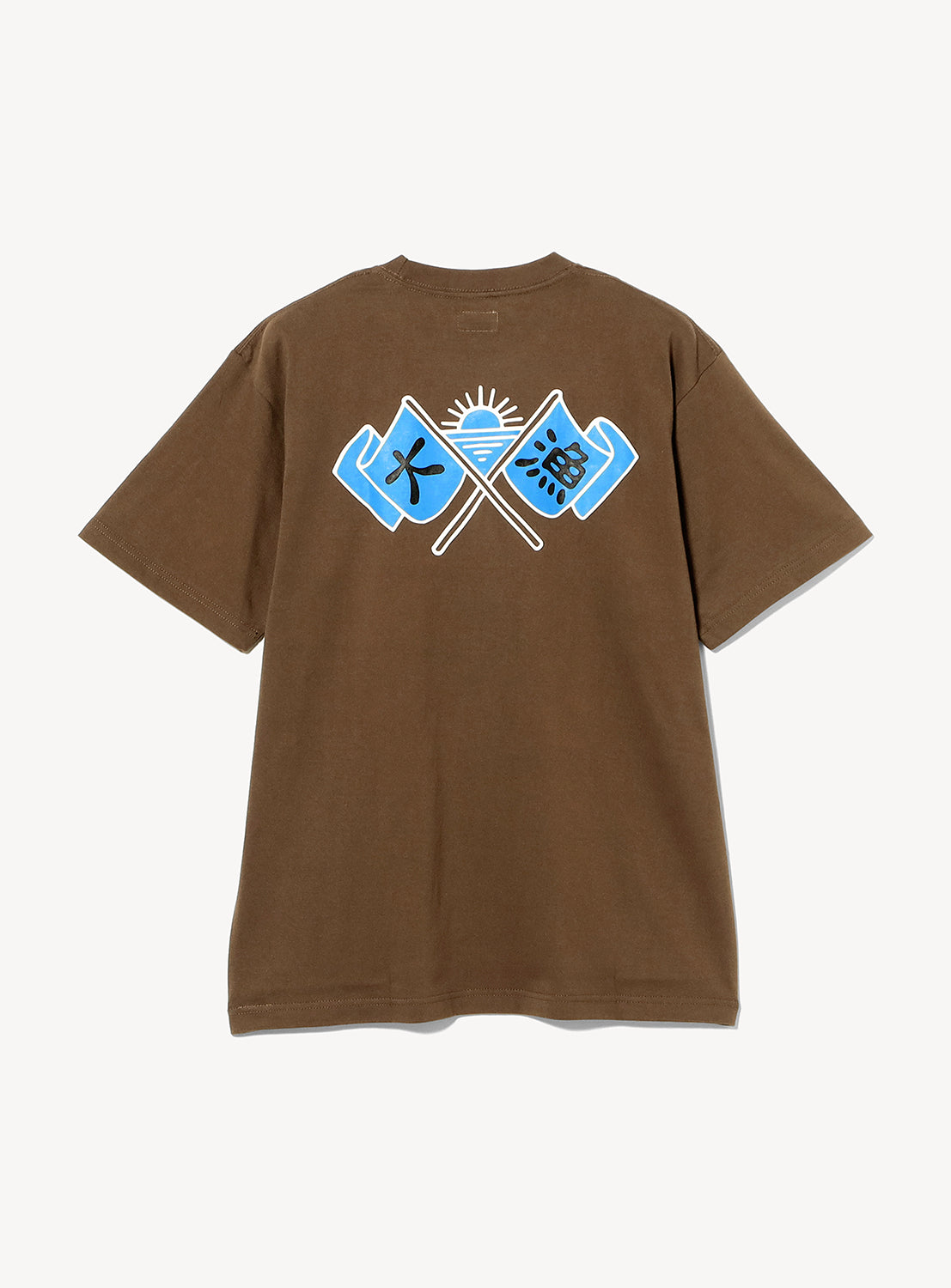 Brown short-sleeve Chaos Fishing Club Tairyo Short Sleeve T-Shirt with a graphic on the back of two crossed blue flags featuring Japanese characters, centered below a sun icon.