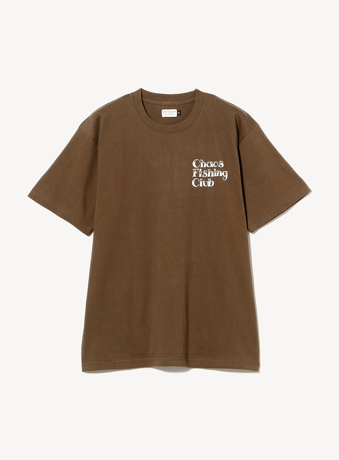 Brown short-sleeve Tairyo Short Sleeve T-Shirt by Chaos Fishing Club featuring stylized white text on the left chest.