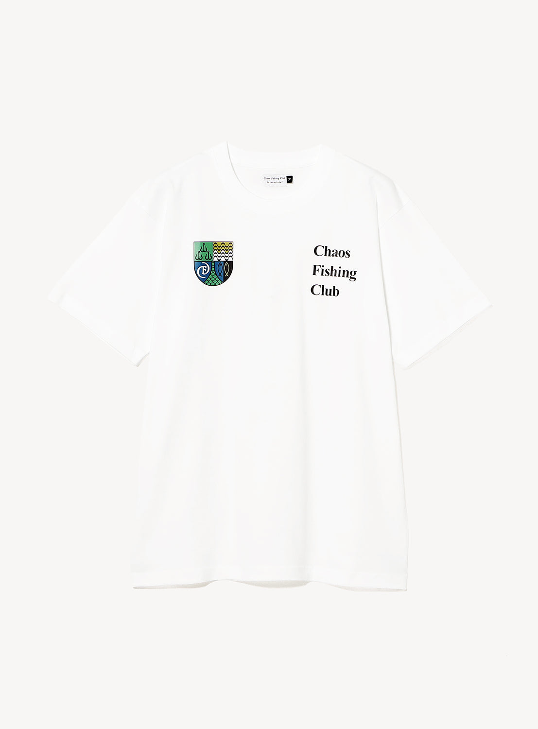 White Chaos Fishing Club Coat Of Arms T-shirt with a colorful coat of arms on the chest.