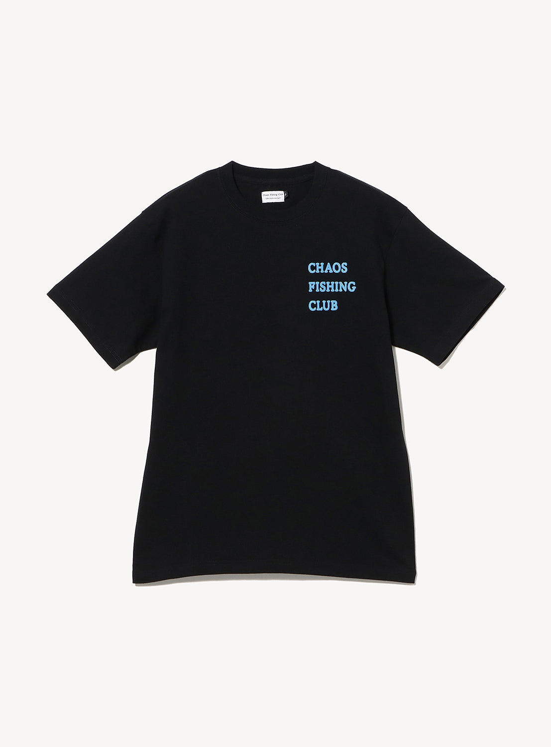 Introducing the Chaos Fishing Club 2026 Short Sleeve Logo T-Shirt in black, featuring a crew neck and a subtle blue CHAOS FISHING CLUB logo printed on the left chest. This T-shirt is shown laid flat on a white background.