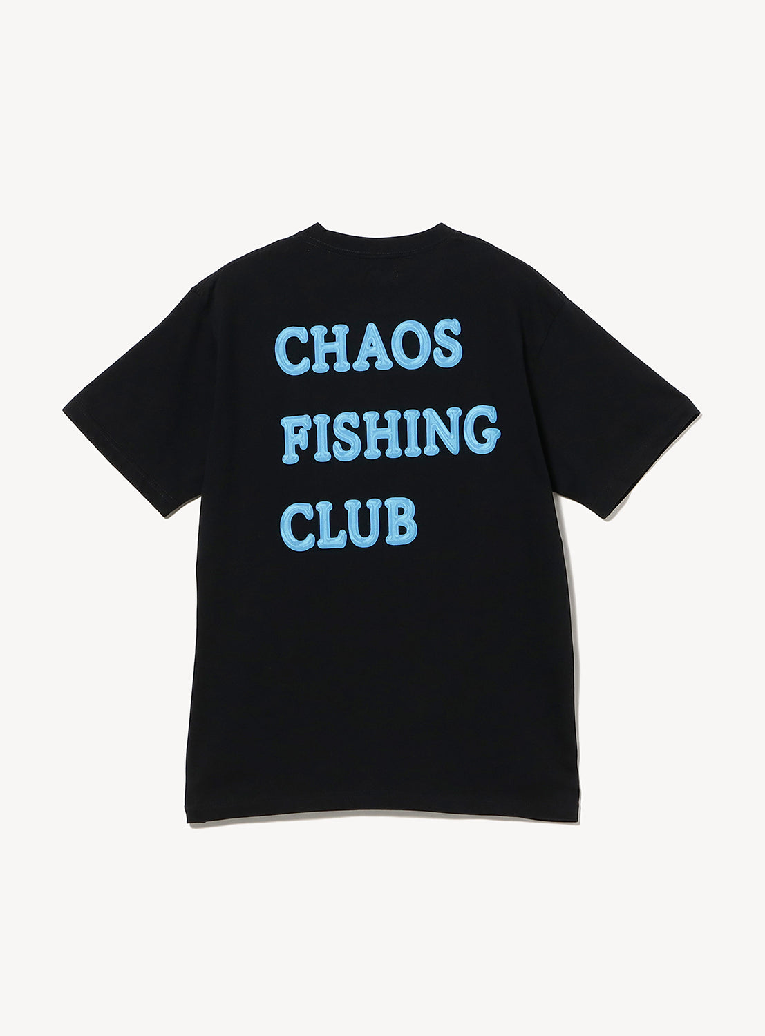 The Chaos Fishing Club 2026 Short Sleeve Logo T-Shirt is a black crew neck tee featuring the words CHAOS FISHING CLUB printed in large, light blue letters on the back for a bold, standout look.