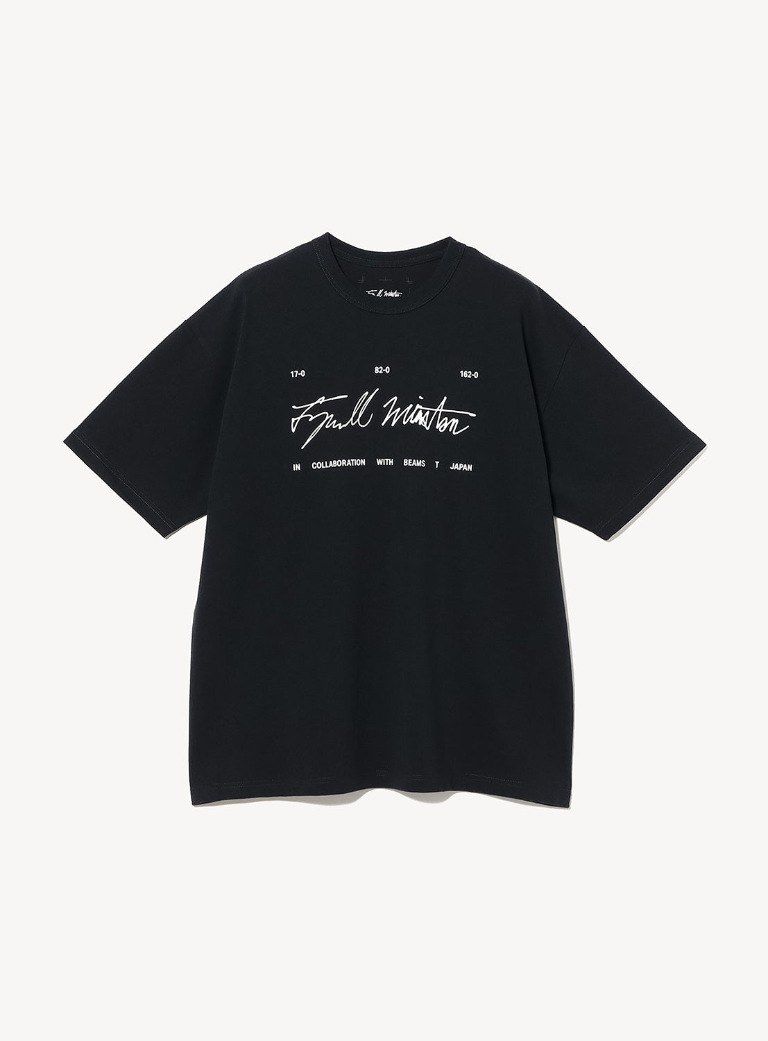 The BEAMS T Tyrrell Winston - Sign T-Shirt is a black short-sleeve collaboration piece featuring white printed text—“Collaboration,” “Reims,” and “Japan”—and a signature chest design, highlighting the unique partnership between BEAMS T and Tyrrell Winston. Shown laid flat against a white background.