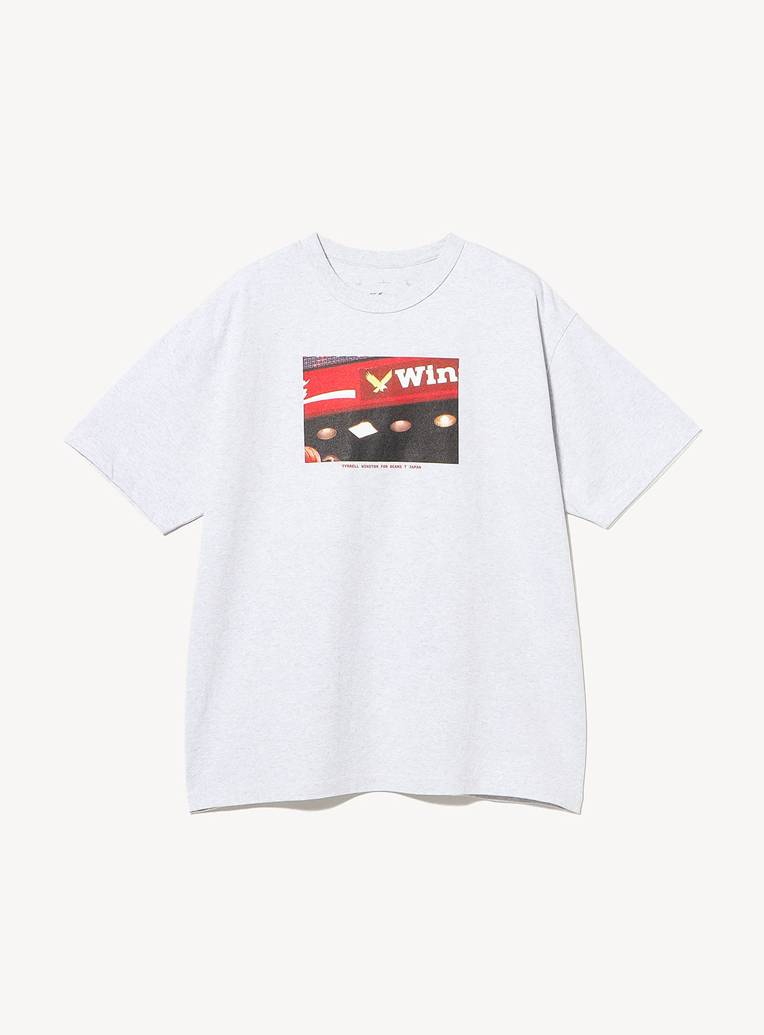 A light gray Tyrrell Winston - Win T-Shirt from BEAMS T, featuring a rectangular graphic with the text “WIN SPORT” and an image of table tennis balls and a paddle on the front, designed as part of a BEAMS collaboration.