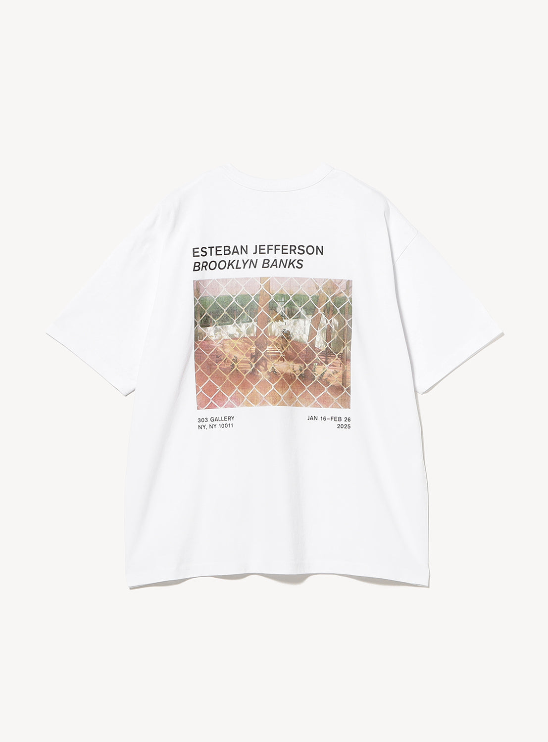 The BEAMS T Esteban Jefferson ‘Brooklyn Banks’ Graphic T-Shirt is crafted from heavyweight white cotton and features a faded photo of a fenced area, with “ESTEBAN JEFFERSON BROOKLYN BANKS” text above and exhibition details printed below the image.