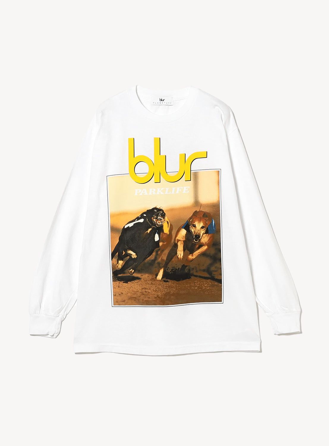 White long sleeve with a graphic of two dogs and the word 'blur' in yellow.