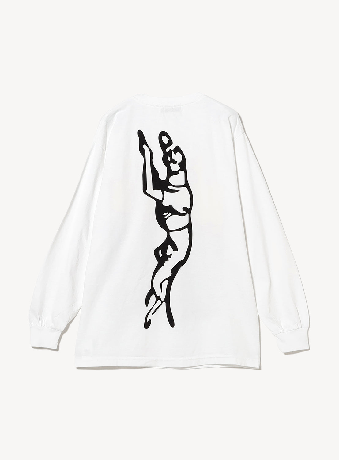 Back of white long sleeve with a graphic of a running dog. 
