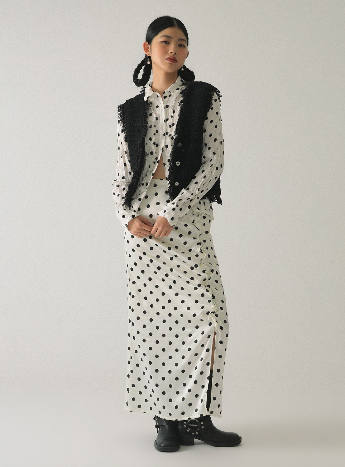 Dotted Ruffle Satin Skirt