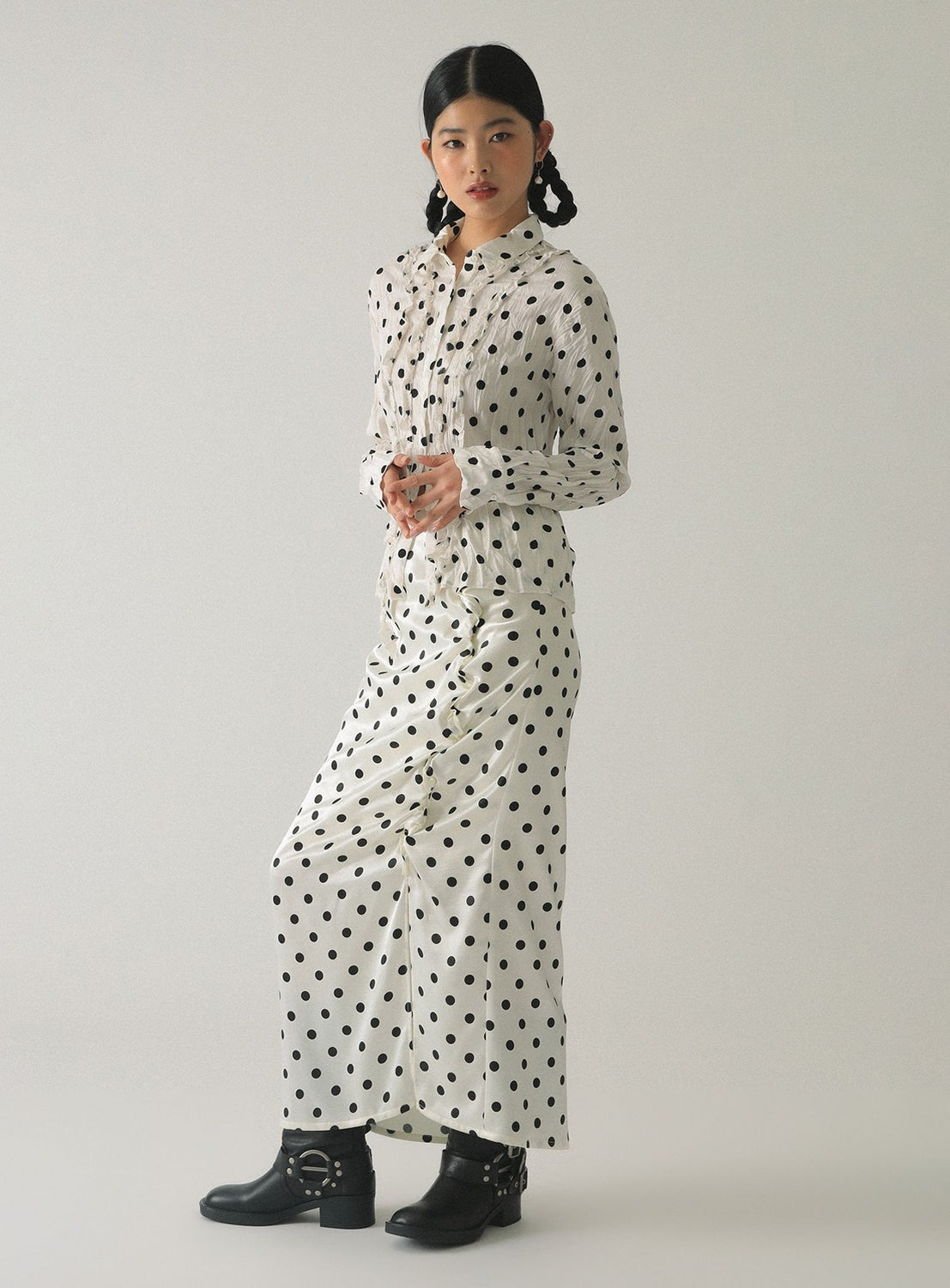 Dotted Ruffle Satin Skirt