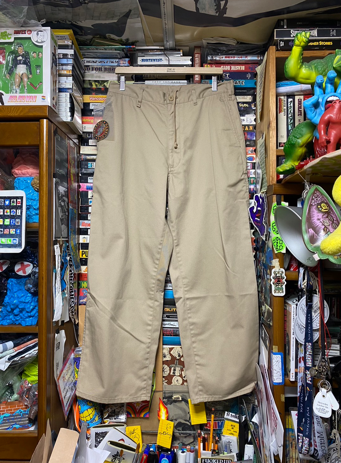 Front view of khaki pants from the Flying Elephant collection, embodying the legacy of 1990s skate icon Matt Hensley.