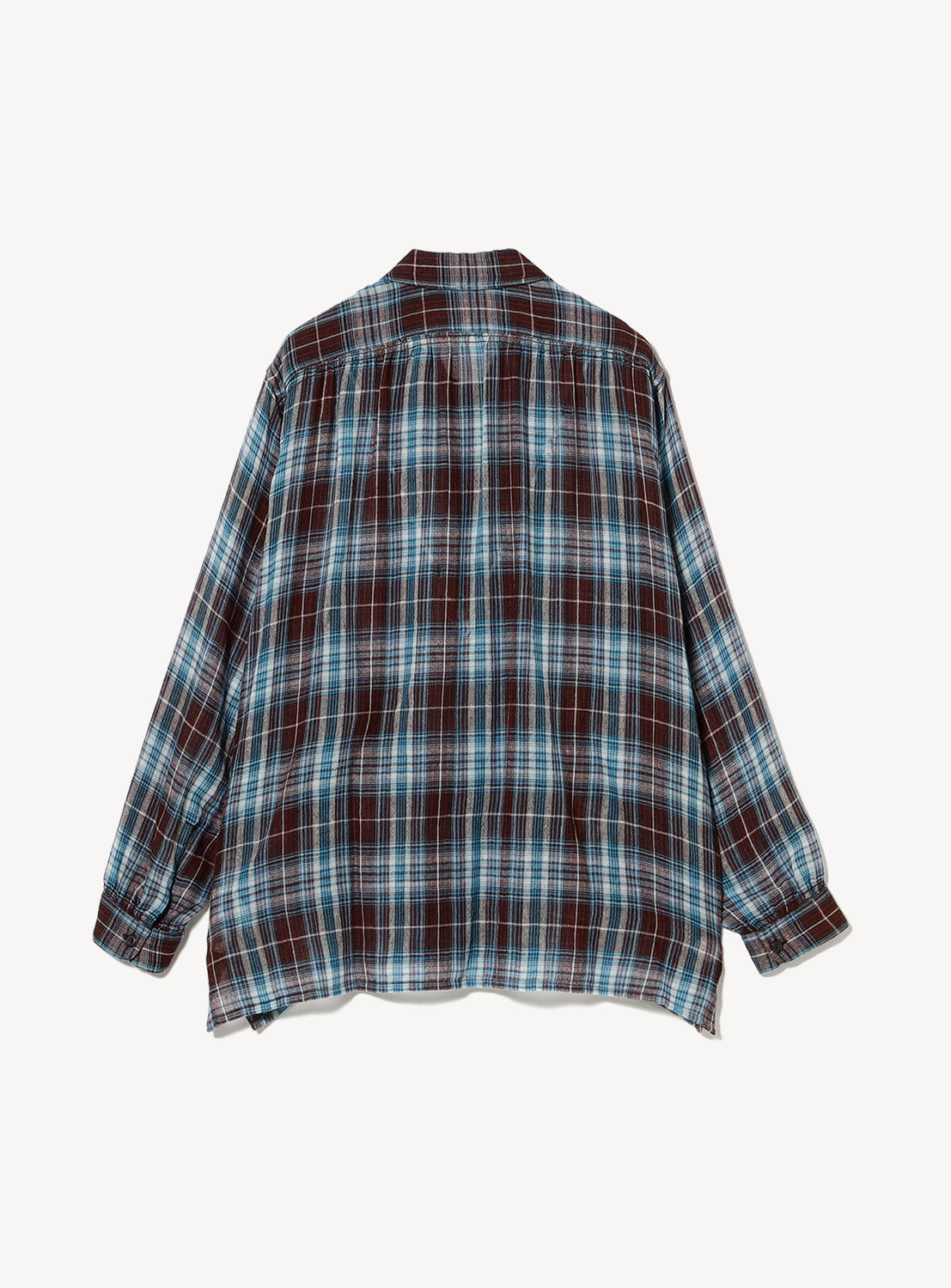 Back of a red, blue and white button down checkered shirt with a collar on a white background. 