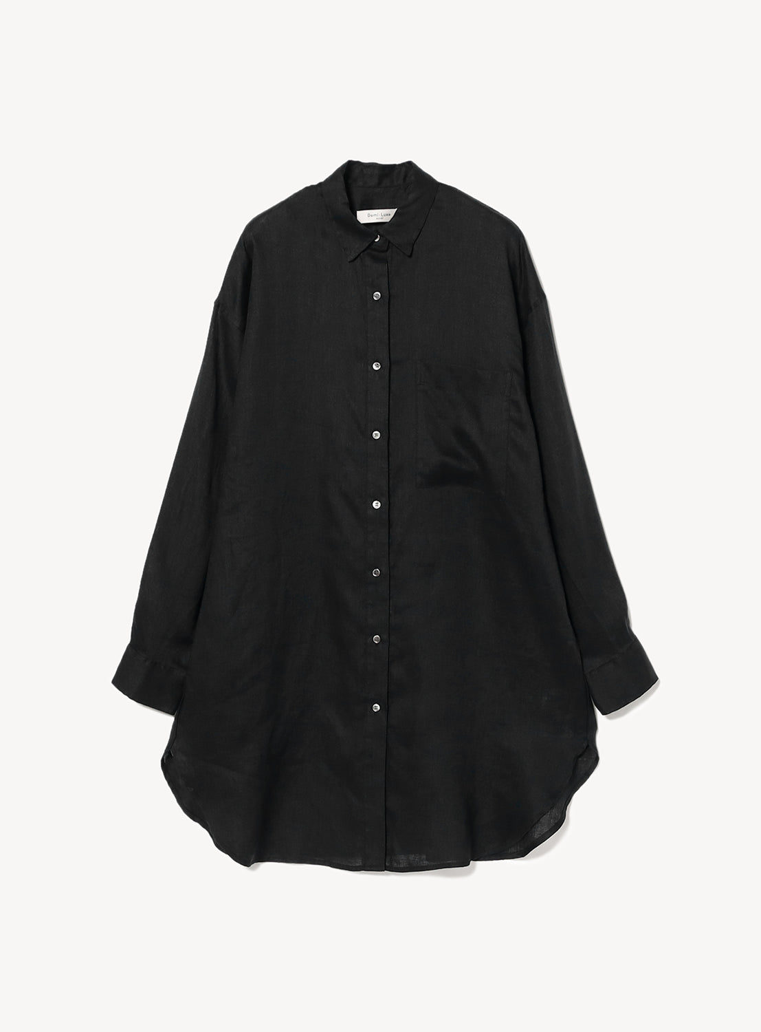 Black button-up shirt with black buttons. 