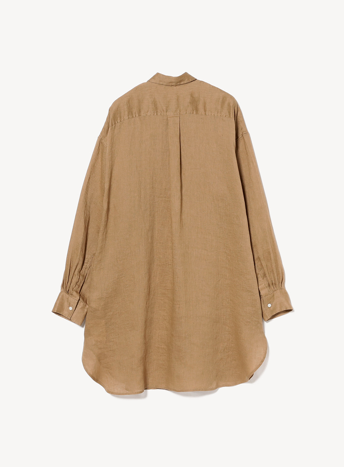 Back of the button down shirt with white buttons on the cuffs. 
