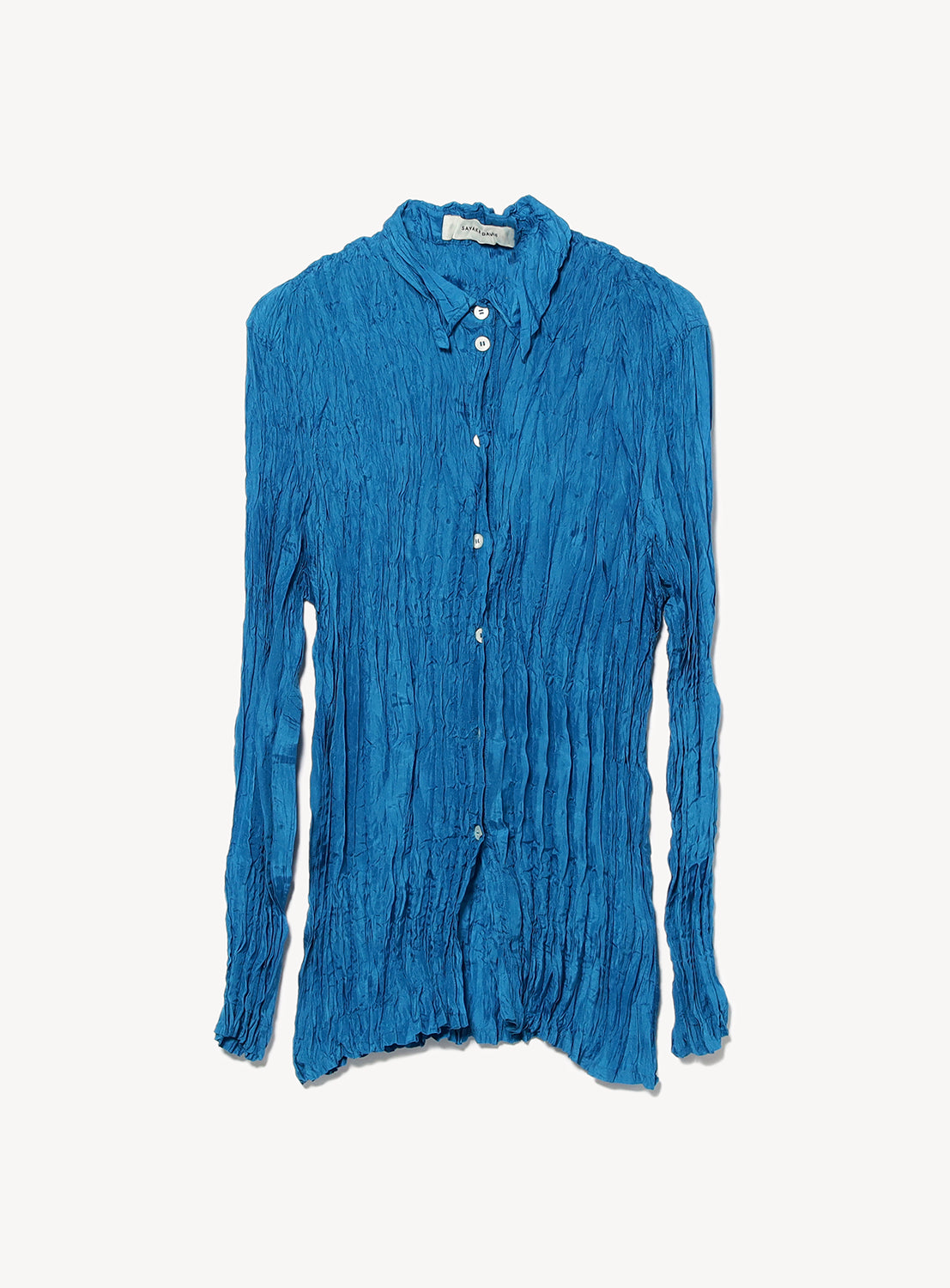 Blue long-sleeve button-down shirt with a crinkled/pleated texture.