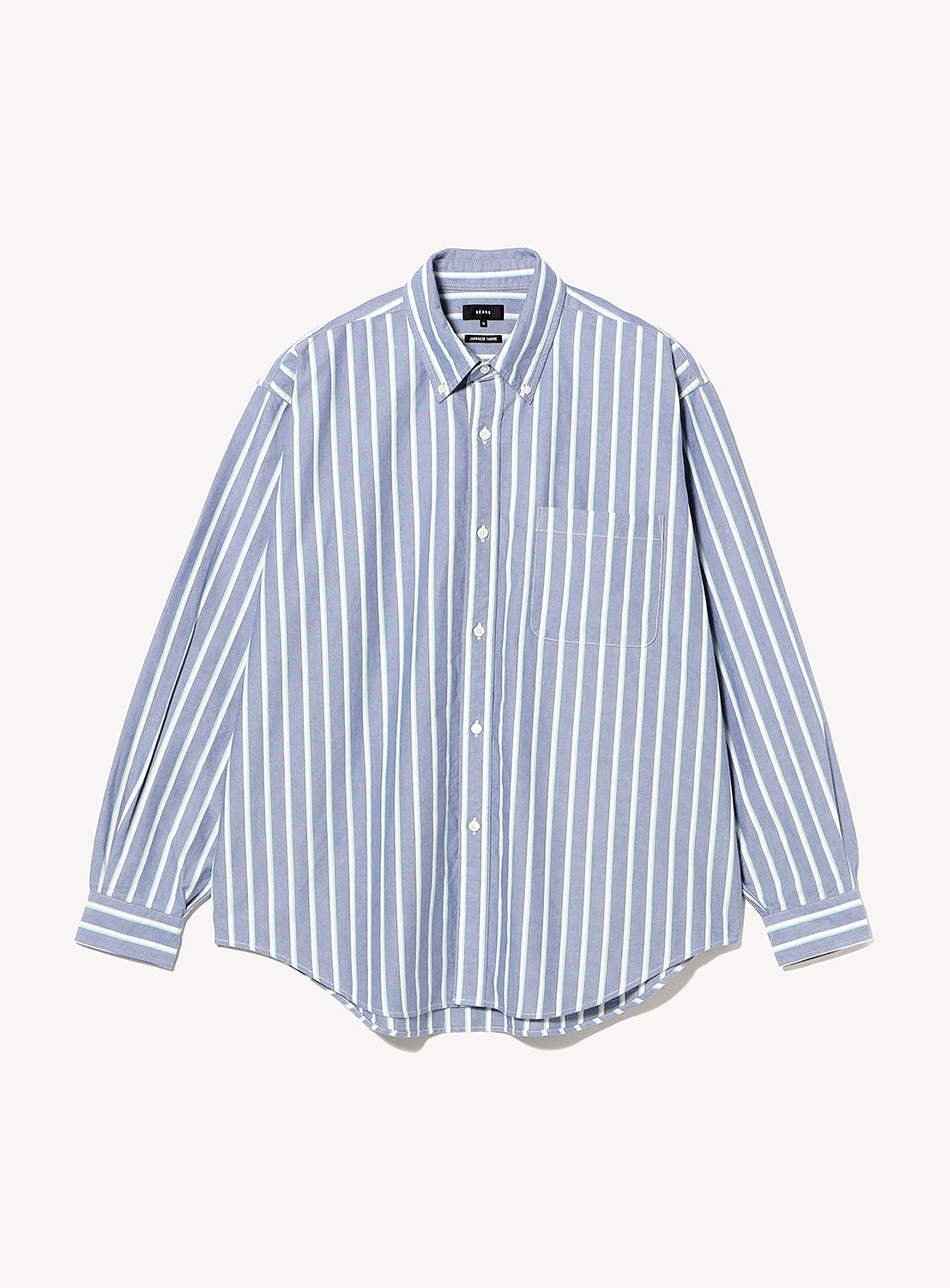 BEAMS Heavy Oxford Button-Down Shirt in blue and white vertical stripes, featuring a button-down collar and an oversized chest pocket.
