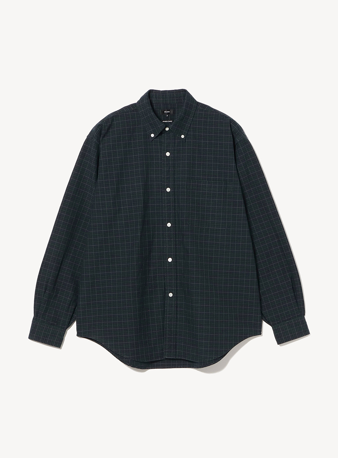 BEAMS Heavy Oxford Button-Down Shirt in dark green with long sleeves, a subtle grid pattern, and an oversized chest pocket.