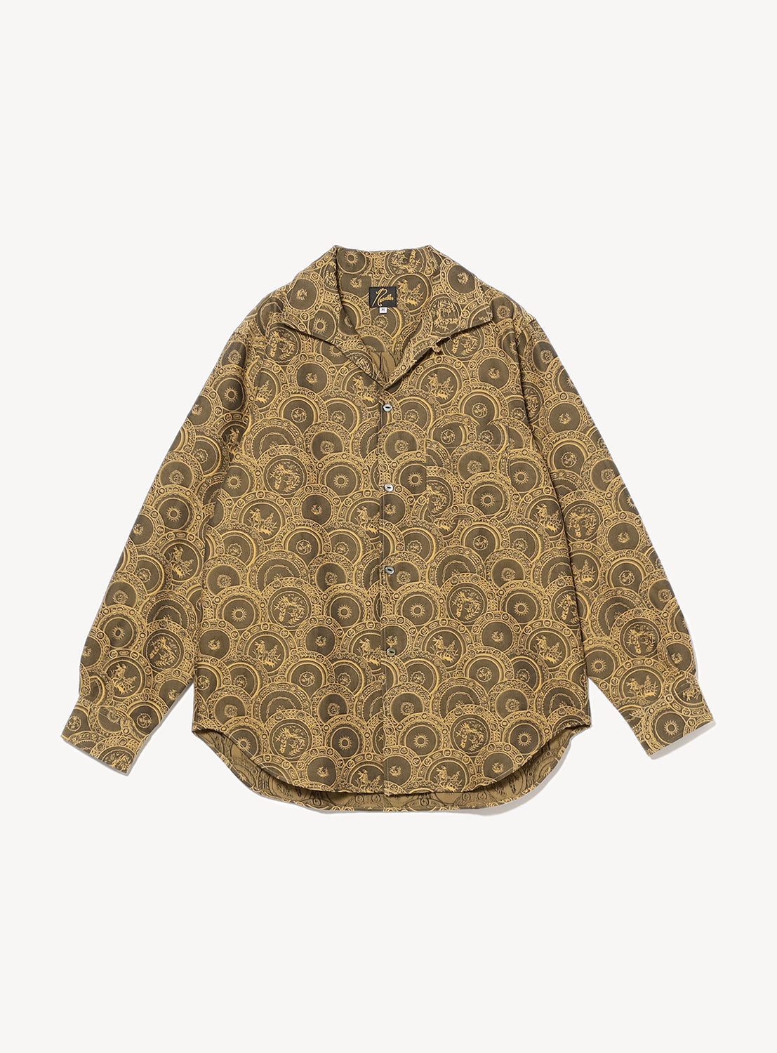 Brown and yellow Italian patterned, collared button down shirt. 