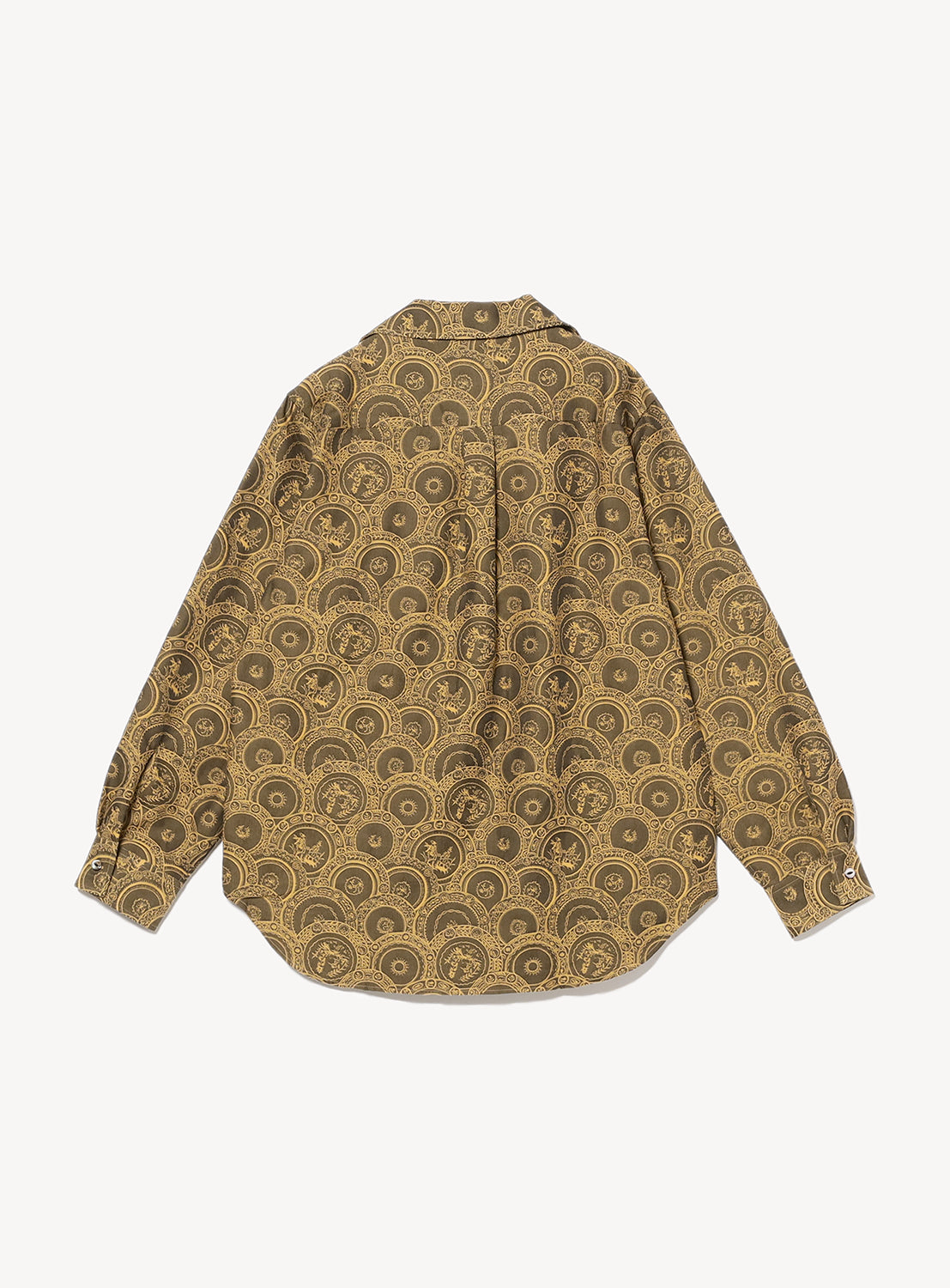 Back of a brown and yellow Italian patterned, collared button down shirt. 