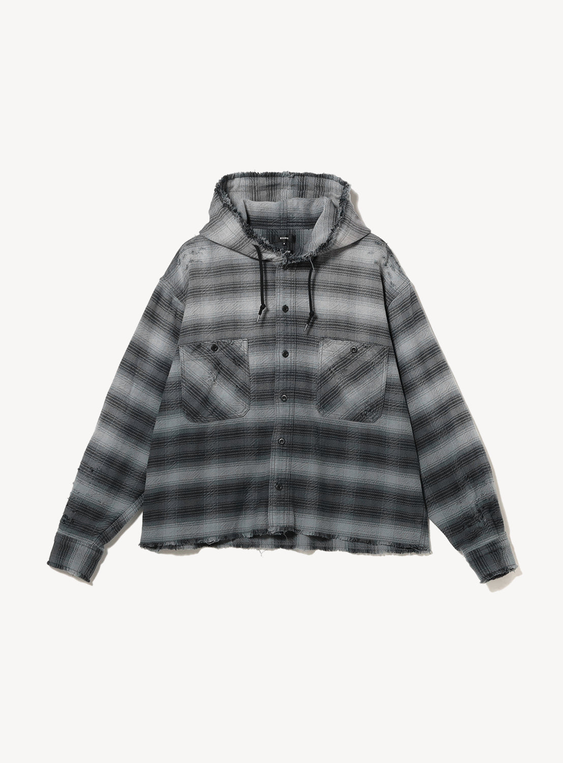 Wide Short Fit Distressed Hooded Plaid Work Shirt