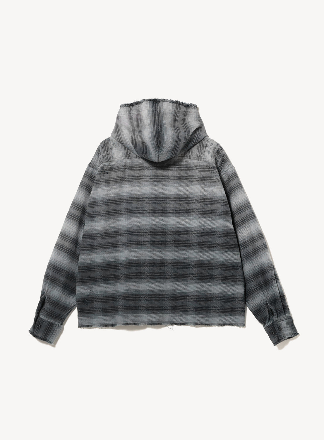 Wide Short Fit Distressed Hooded Plaid Work Shirt