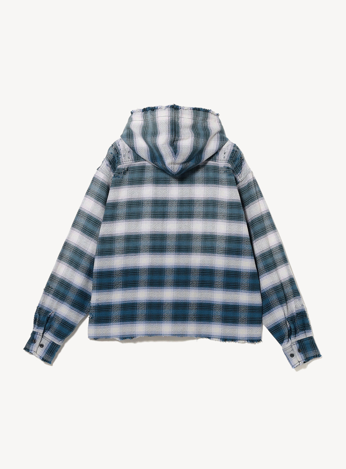 Wide Short Fit Distressed Hooded Plaid Work Shirt