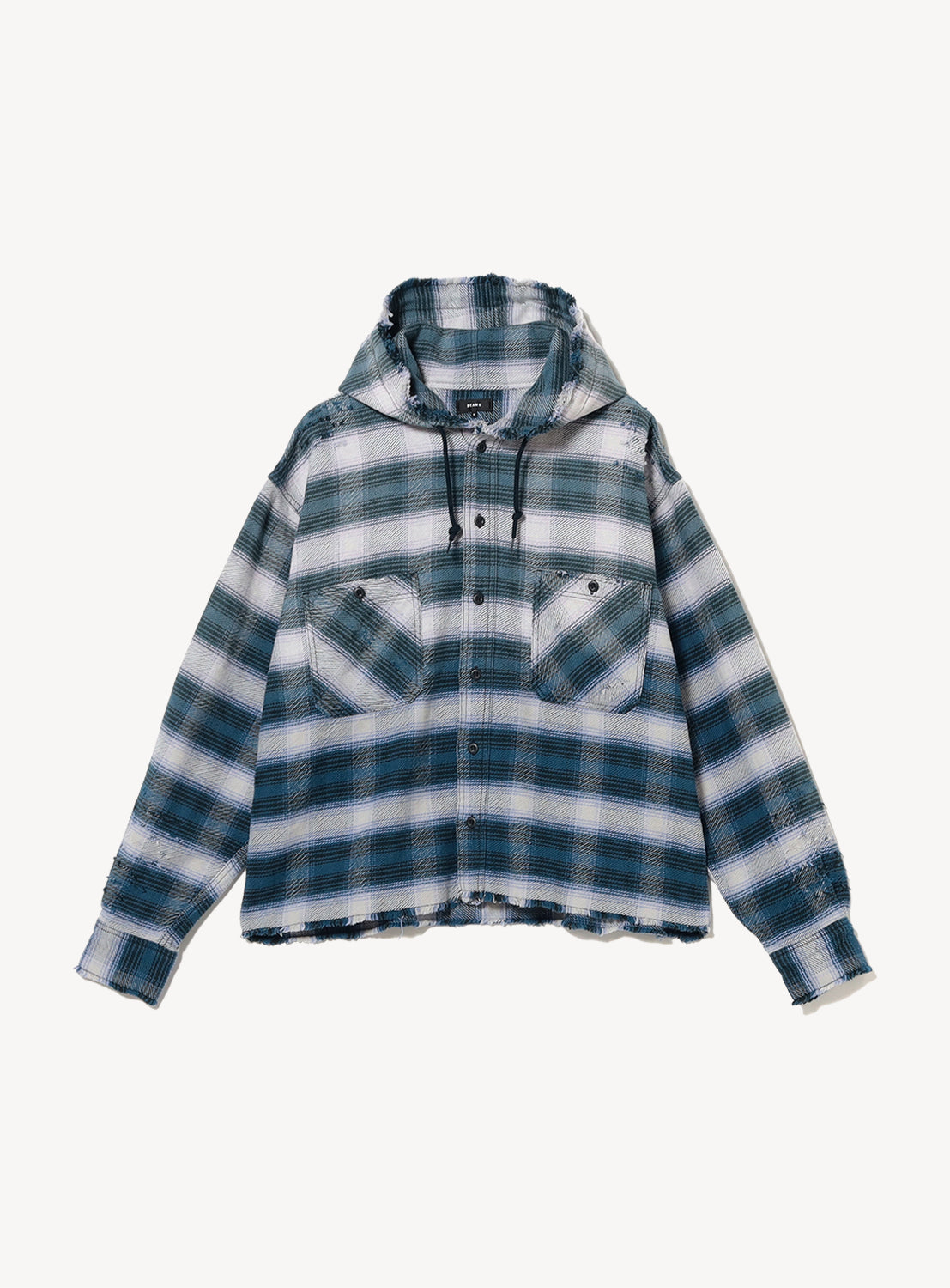 Wide Short Fit Distressed Hooded Plaid Work Shirt