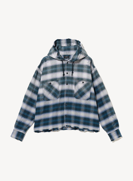 エグザンプル EXAMPLE HOODED PLAID SHIRT Wide Short Fit Distressed Hooded Plaid Work Shirt