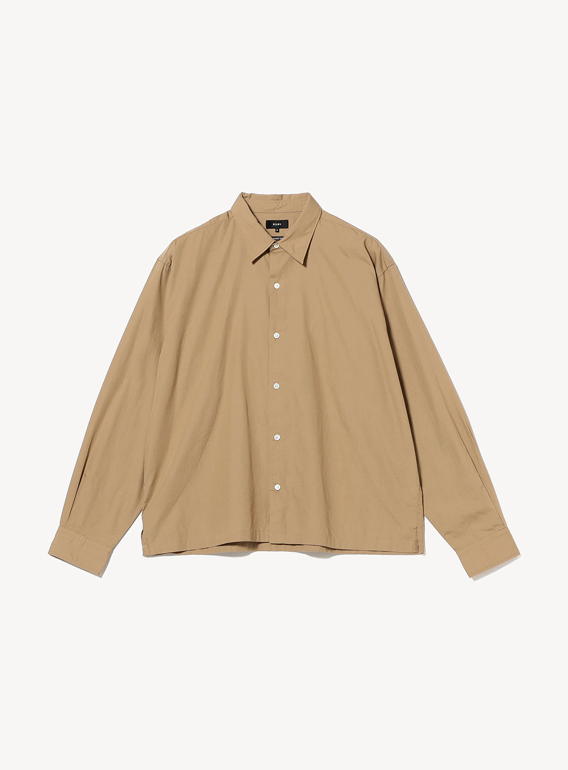 Tan BEAMS Broadcloth Shirt in long-sleeved Japanese fabric with a regular collar and a straight hem.