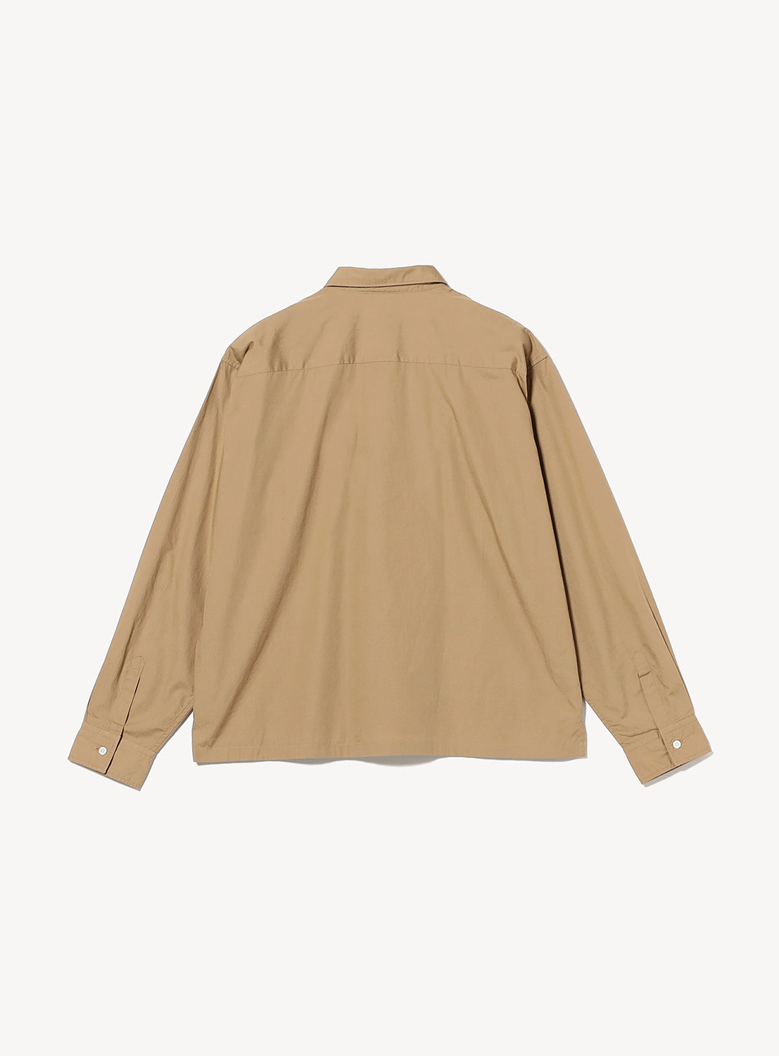 Back view of a BEAMS Broadcloth Shirt in a tan, relaxed-fit Japanese broadcloth button-down style.
