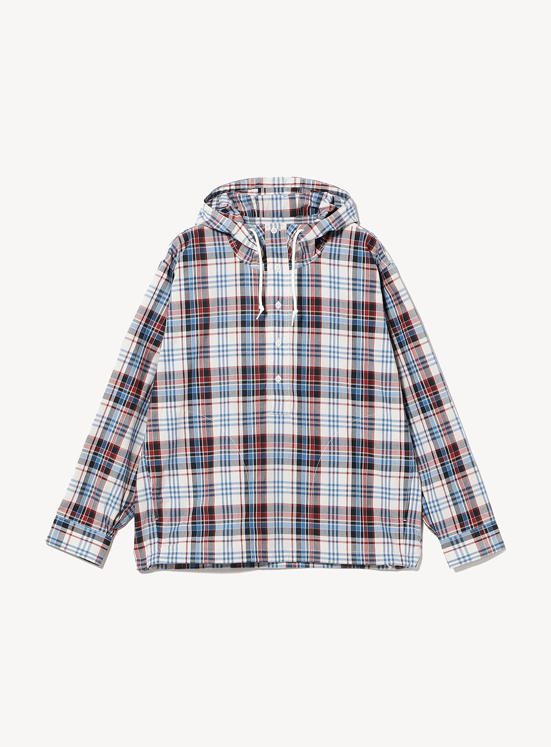 BEAMS Check Hooded Shirt: a long-sleeved, hooded anorak in a white, red, and blue check pattern with a partial front button placket and white drawstrings.