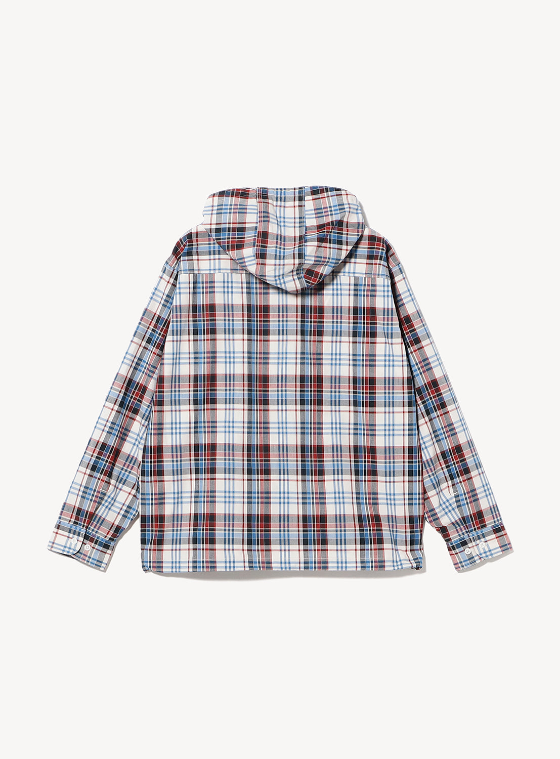 Back view of a BEAMS Check Hooded Shirt in a blue, red, and white check pattern.