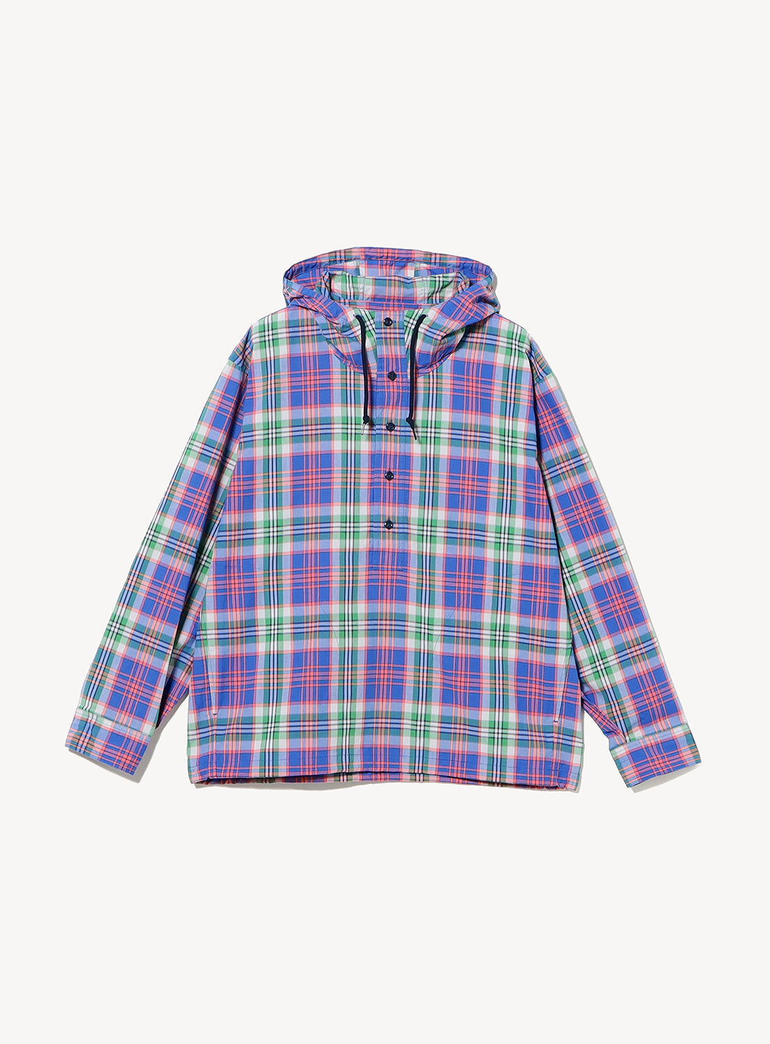BEAMS Check Hooded Shirt: a long-sleeved plaid pullover with a partial button placket and drawstring hood.