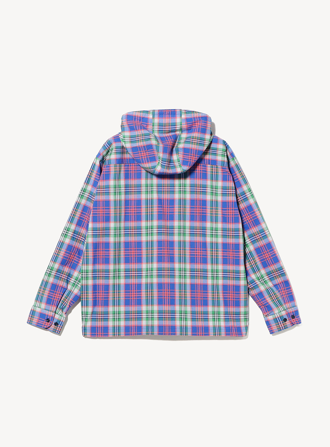 BEAMS Check Hooded Shirt: a long-sleeved button-up anorak in a blue, green, and red check pattern with an attached hood.
