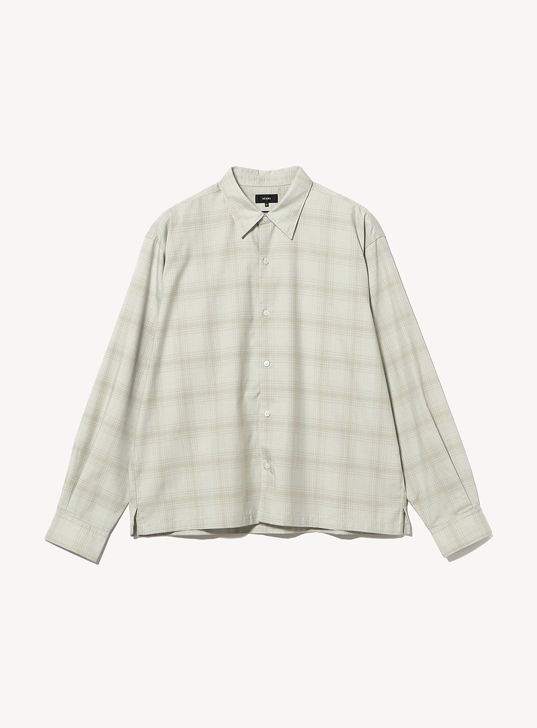BEAMS Shadow Check Shirt in a wide-fit long-sleeve button-down style with a tonal light gray and white check pattern.