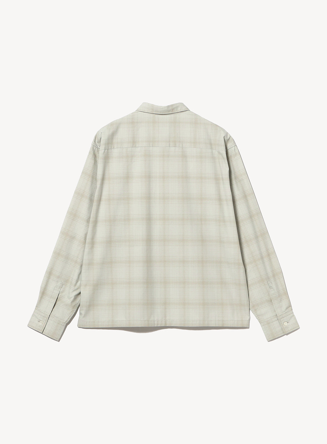 Back view of a BEAMS Shadow Check Shirt featuring a wide-fit, long-sleeved button-down design in a tonal light gray and beige plaid pattern.