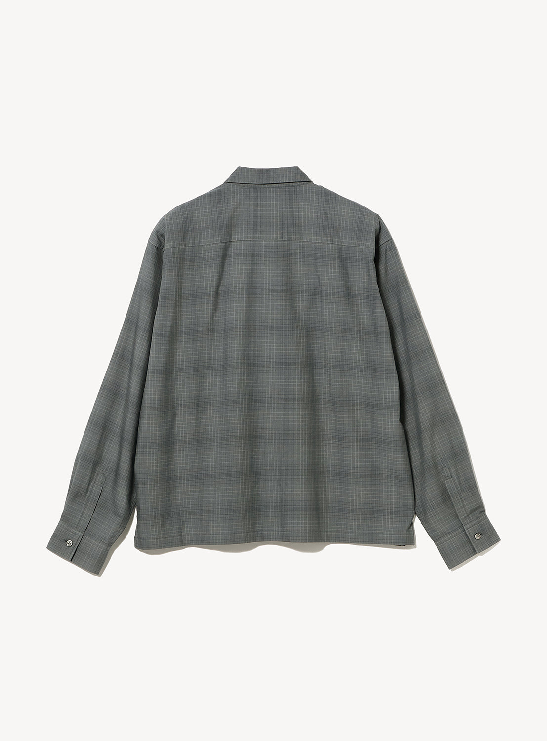 Back view of a wide-fit, long-sleeved BEAMS Shadow Check Shirt in gray with a tonal pattern.