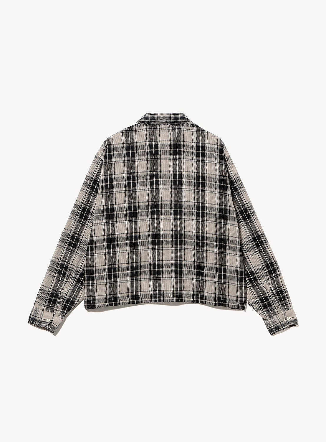 Back view of a BEAMS Classic Check Mesh Zip-Up Shirt, featuring a long-sleeved sheer mesh design with a relaxed silhouette and a folded collar.