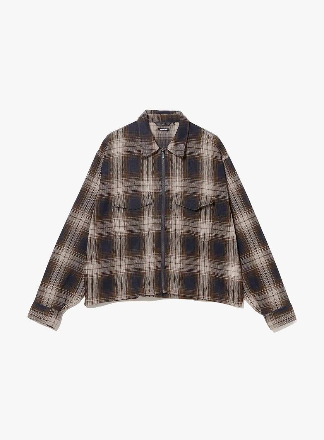 BEAMS Classic Check Mesh Zip-Up Shirt in a brown and navy plaid pattern featuring a fold-over collar, two chest pockets, and a lightweight mesh construction.