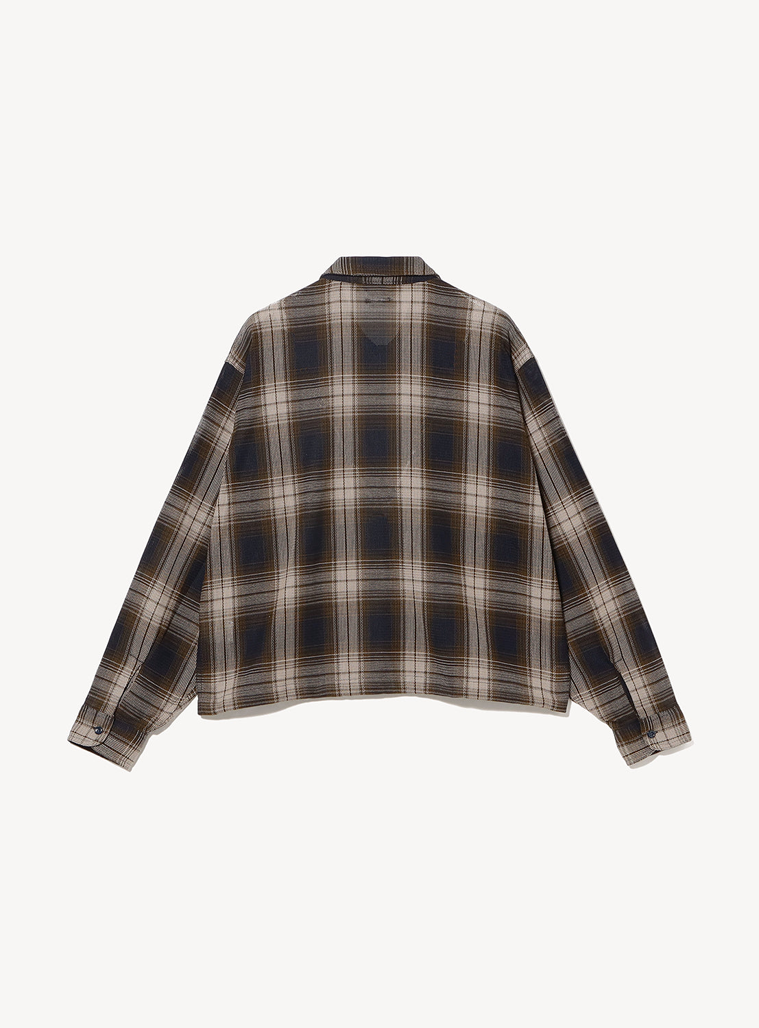 Back view of the BEAMS Classic Check Mesh Zip-Up Shirt, a long-sleeved, collared zip-up in a brown and beige sheer mesh check pattern.