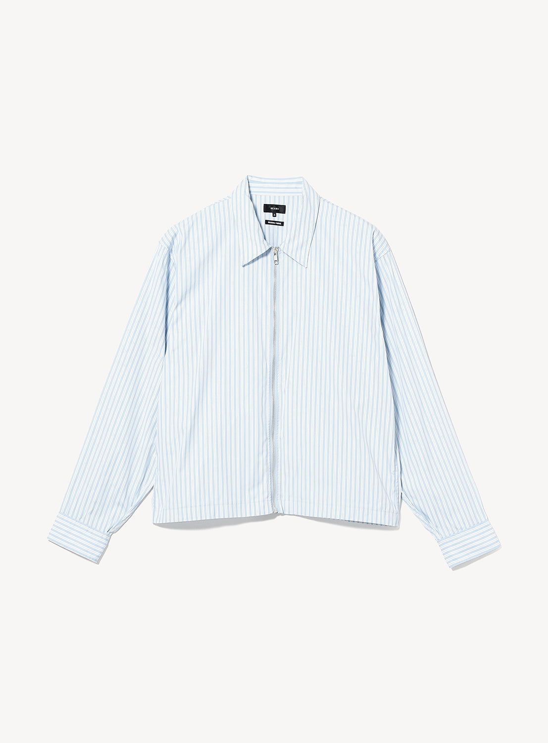 BEAMS Striped Zip-Up Shirt in light blue and white with a zip-up front and long sleeves.