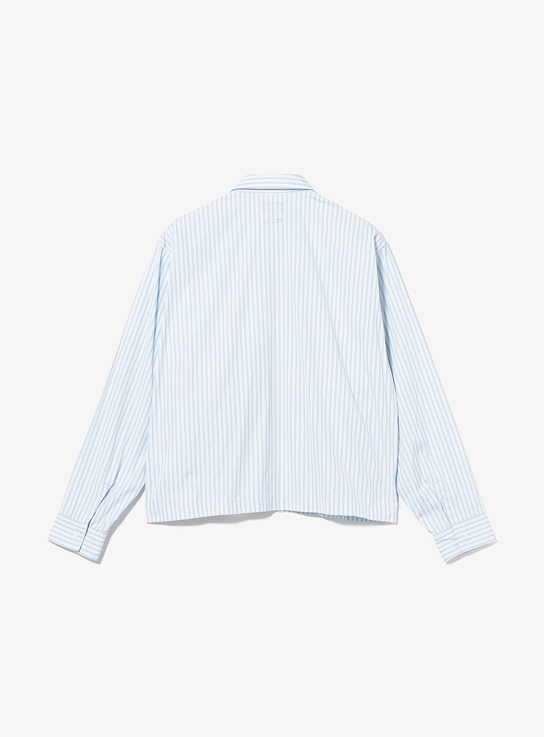Back view of a BEAMS Striped Zip-Up Shirt in light blue and white with long sleeves, a collar, and a zip-up front.
