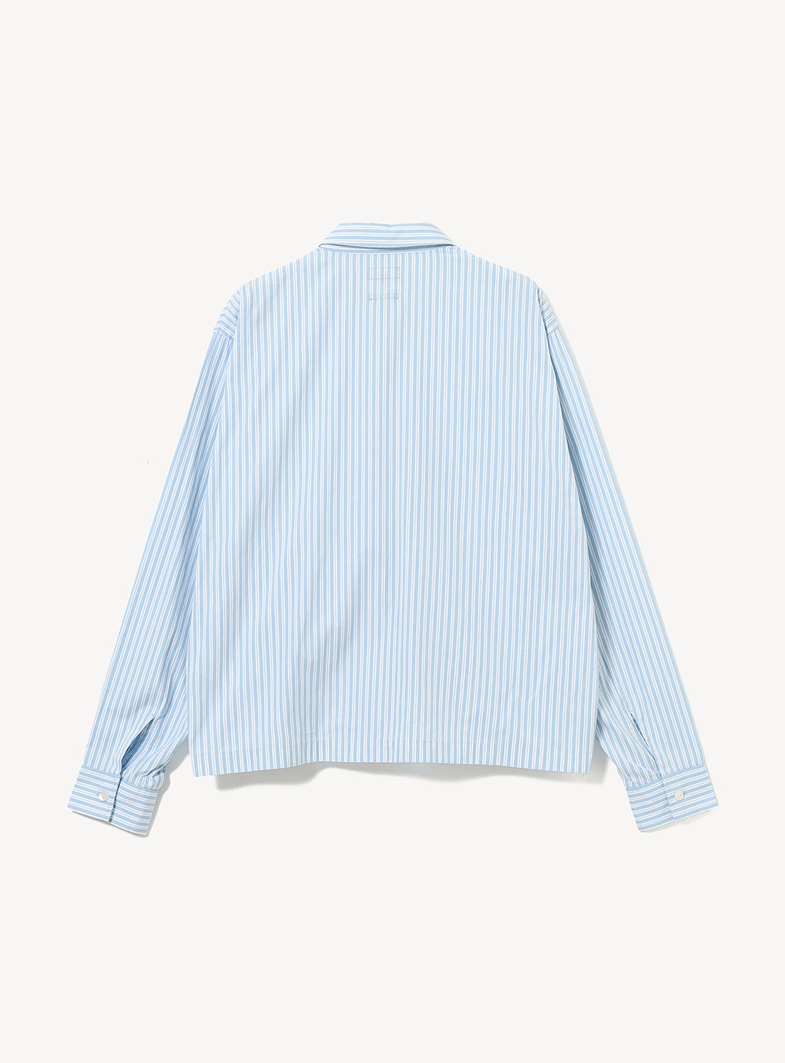 Back view of a BEAMS Striped Zip-Up Shirt in breathable cotton with a white and light blue vertical pattern, featuring a button-down collar and buttoned cuffs.