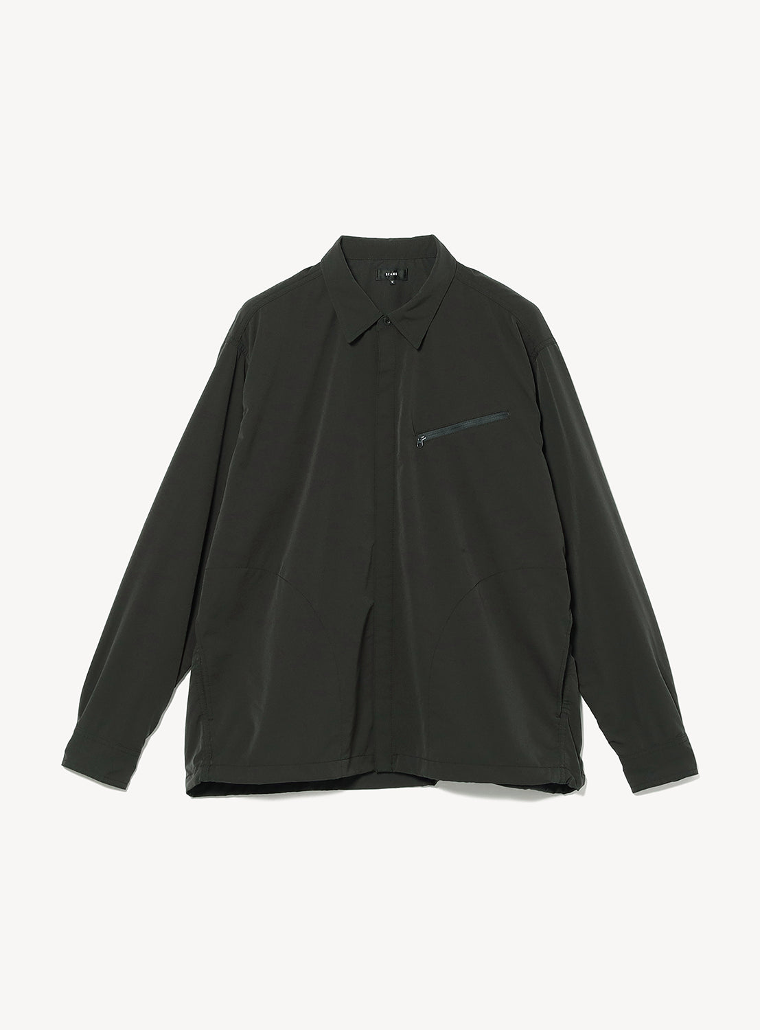 BEAMS Tech Shirt in dark grey, featuring a long-sleeve, mini-regular collar, a single zippered chest pocket, and water-repellent stretch fabric.