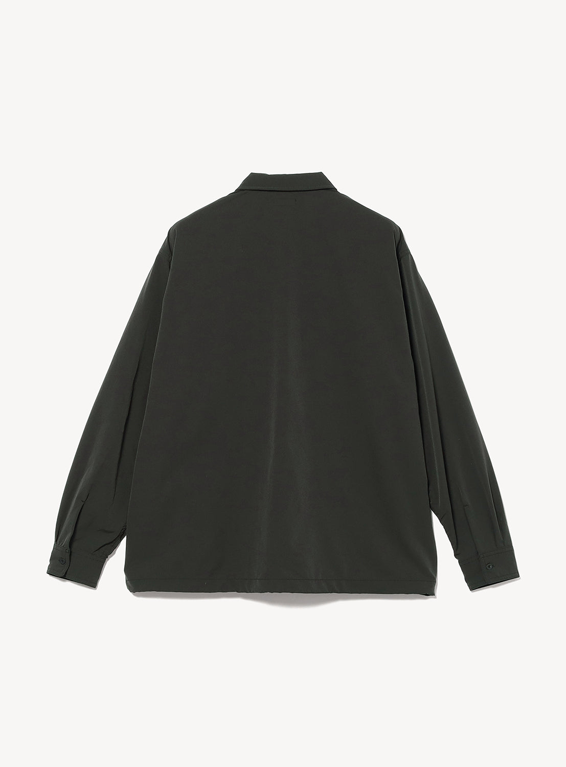 Back view of a dark green, water-repellent BEAMS Tech Shirt with a mini-regular collar and long sleeves.