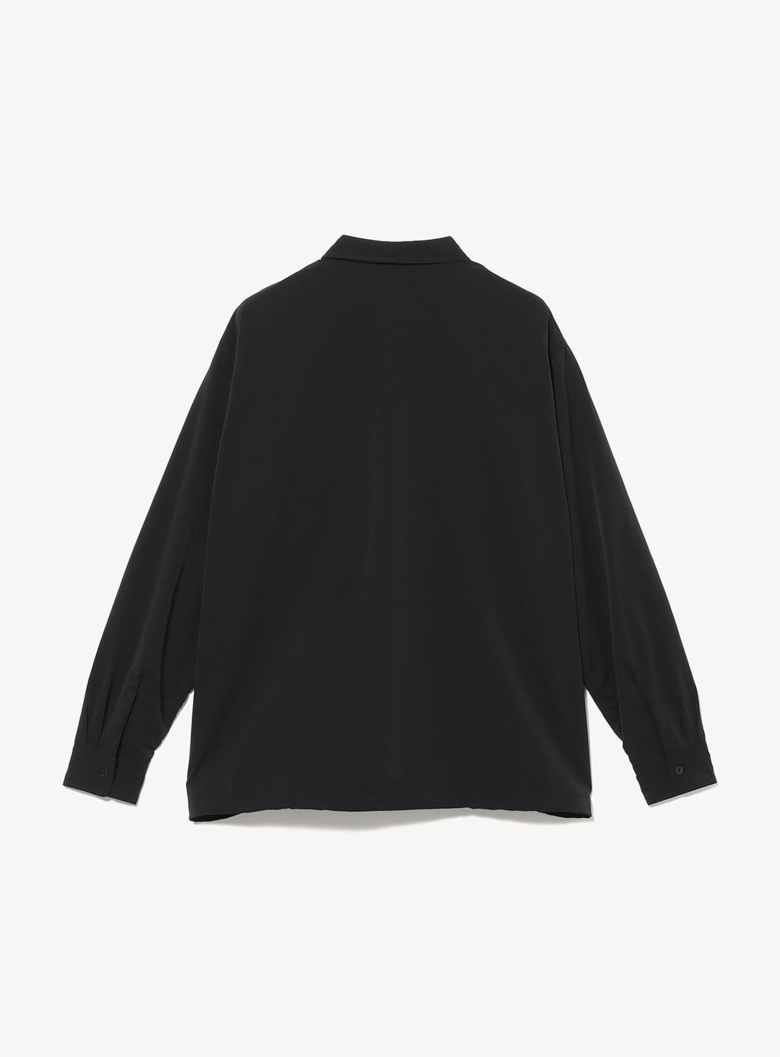Back view of a black, water-repellent BEAMS Tech Shirt with a collar, button-up placket, buttoned cuffs, and stretch fabric.
