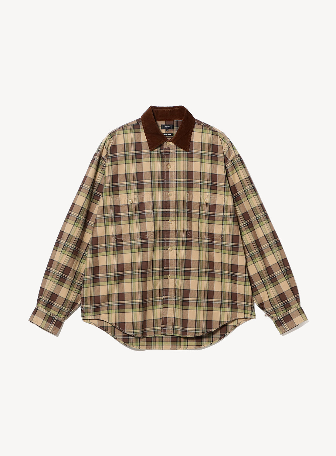 BEAMS Classic Check Work Shirt: a long-sleeve vintage check shirt in a tan, green, and brown plaid pattern with a dark brown corduroy collar and two front chest pockets.