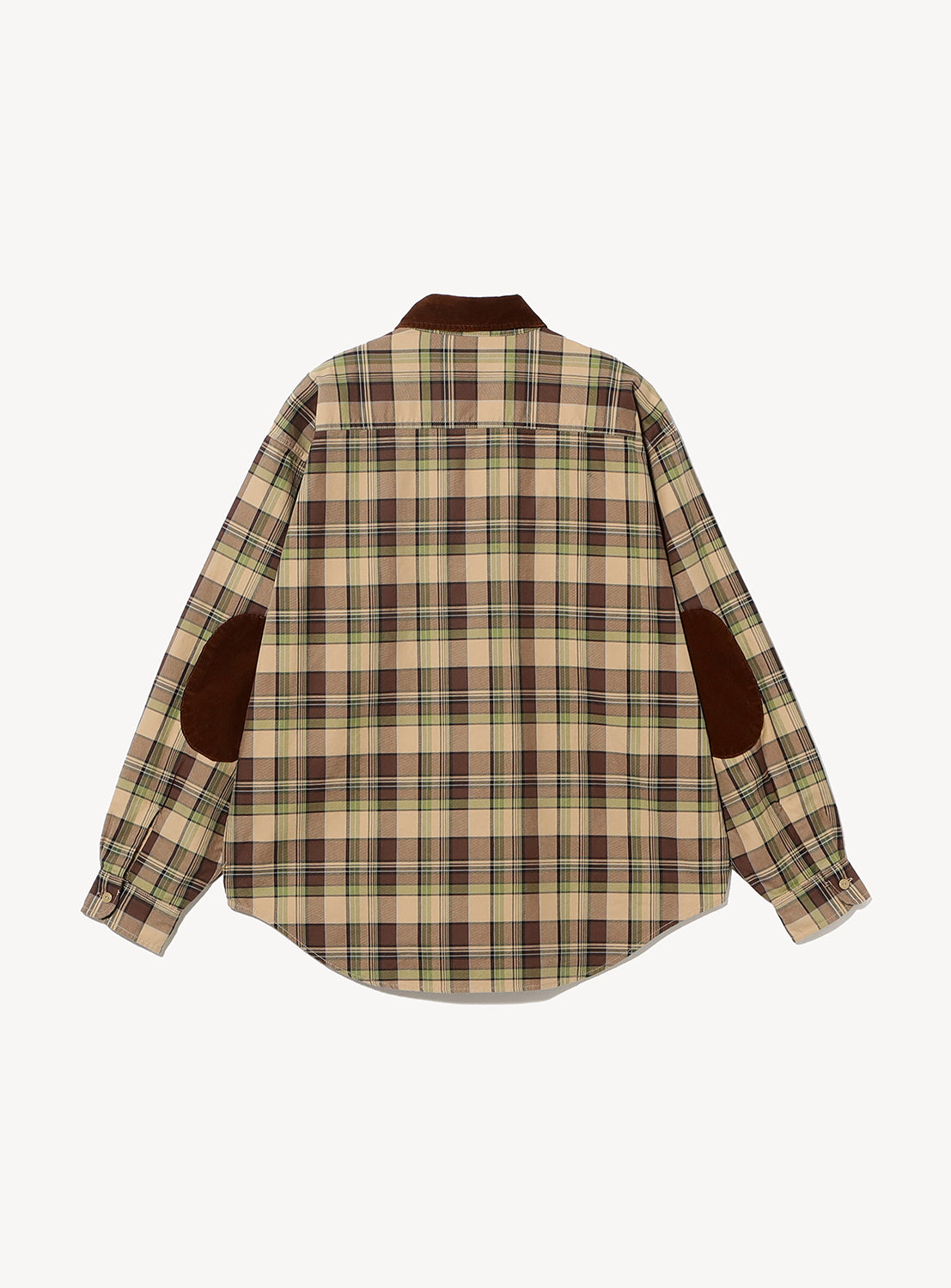 Back view of a tan and green BEAMS Classic Check Work Shirt, featuring a long-sleeve button-down design with a brown corduroy collar and elbow patches.