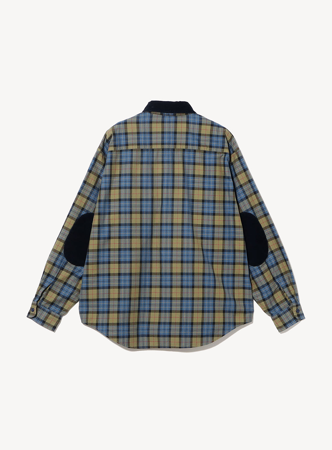 Back view of a BEAMS Classic Check Work Shirt, featuring a vintage blue and yellow long-sleeve button-down design with a dark corduroy collar and matching dark elbow patches.